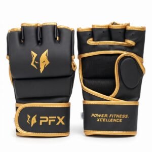 MMA Gloves – Gold Trim, Open-Palm, Padded PU Leather Grappling & Training Gloves for Men & Women