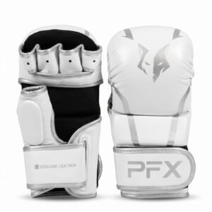 White MMA Sparring Gloves – Genuine Leather, Padded Open-Palm Sparring Gloves for MMA Training & Grappling