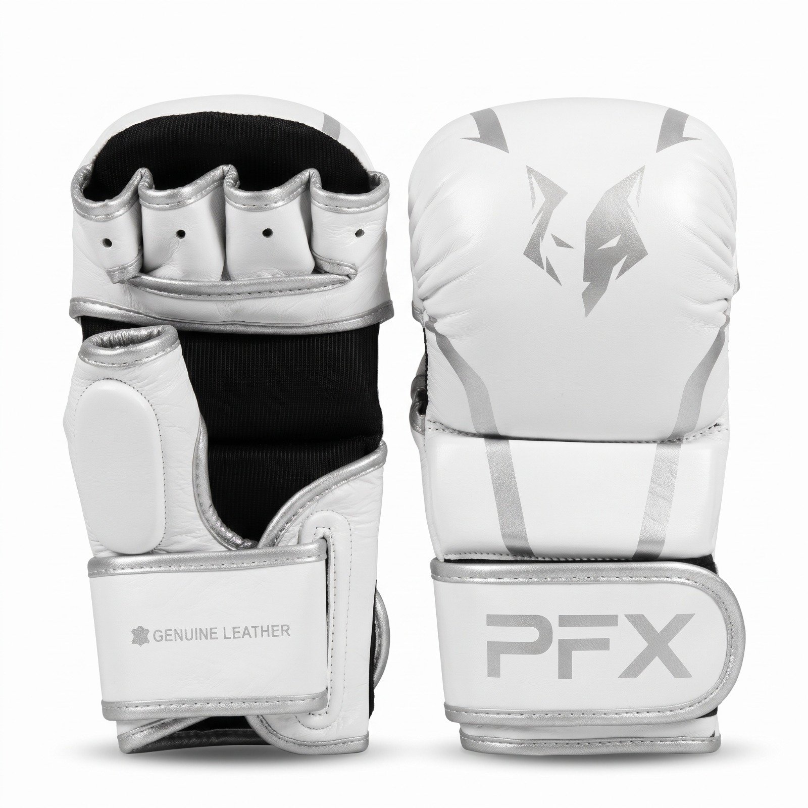 White MMA Sparring Gloves – Genuine Leather, Padded Open-Palm Sparring Gloves for MMA Training & Grappling